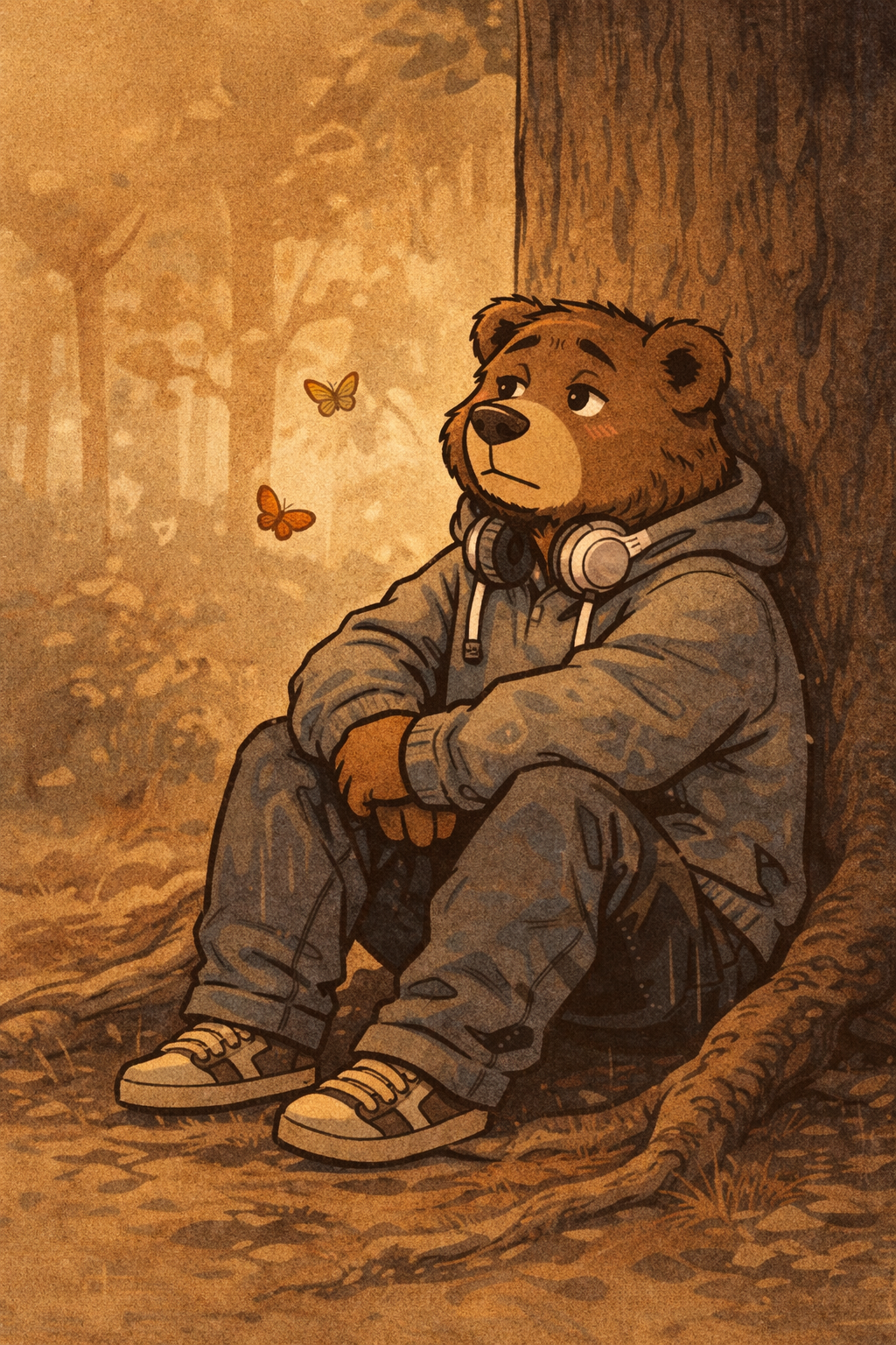 Brooding Bear Ben lehnt nachdenklich an einem Baum
